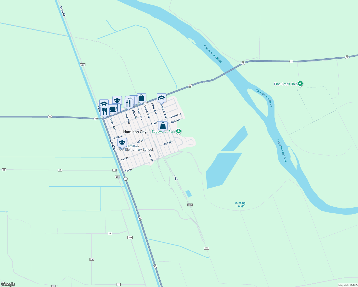 map of restaurants, bars, coffee shops, grocery stores, and more near 1460 Esperanza Avenue in Hamilton City