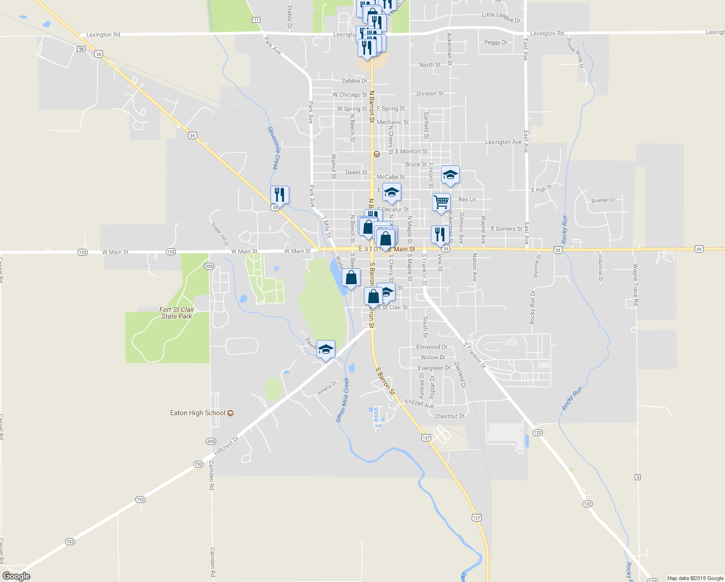 map of restaurants, bars, coffee shops, grocery stores, and more near 115 W Israel St in Eaton