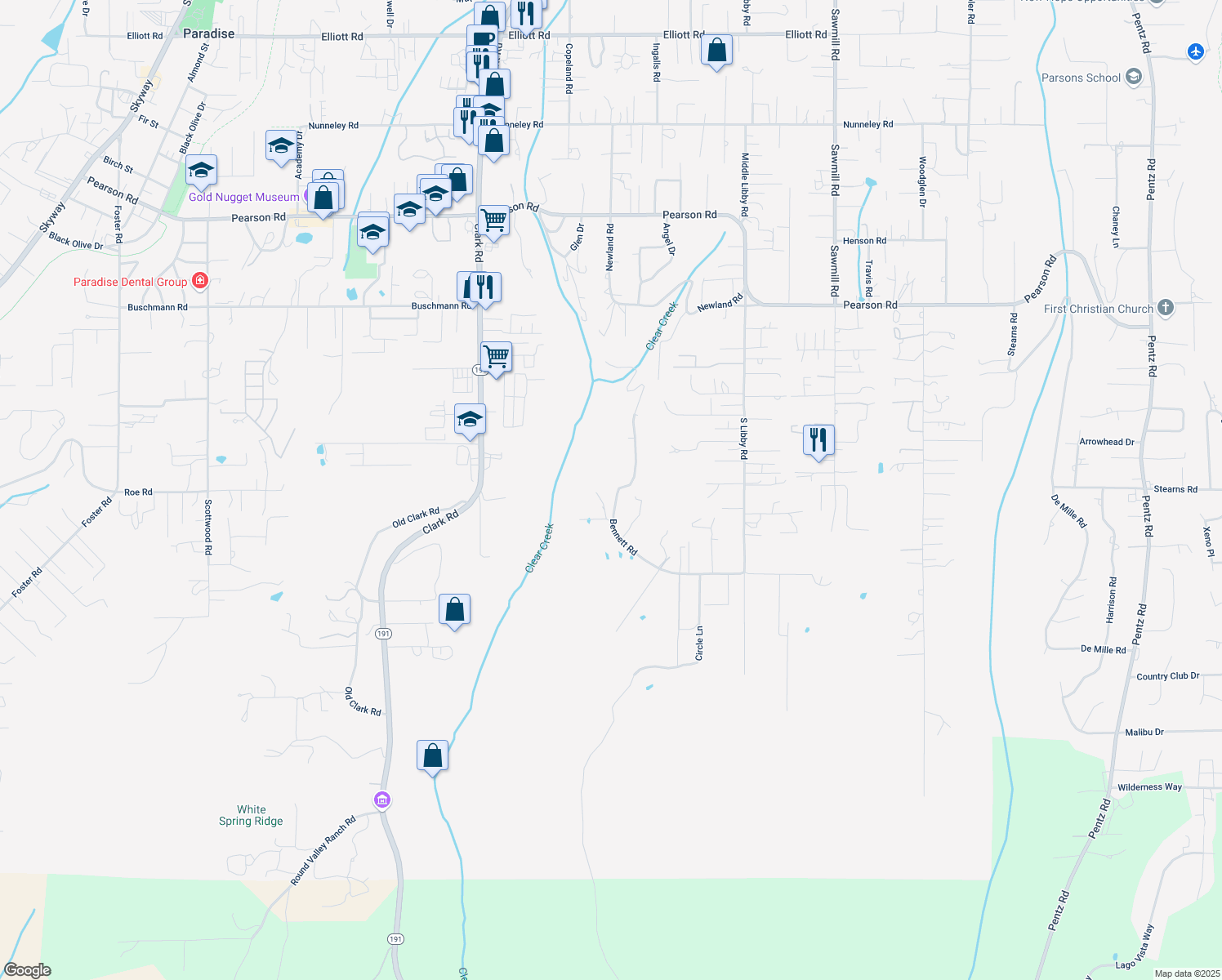 map of restaurants, bars, coffee shops, grocery stores, and more near 5195 Bennett Road in Paradise