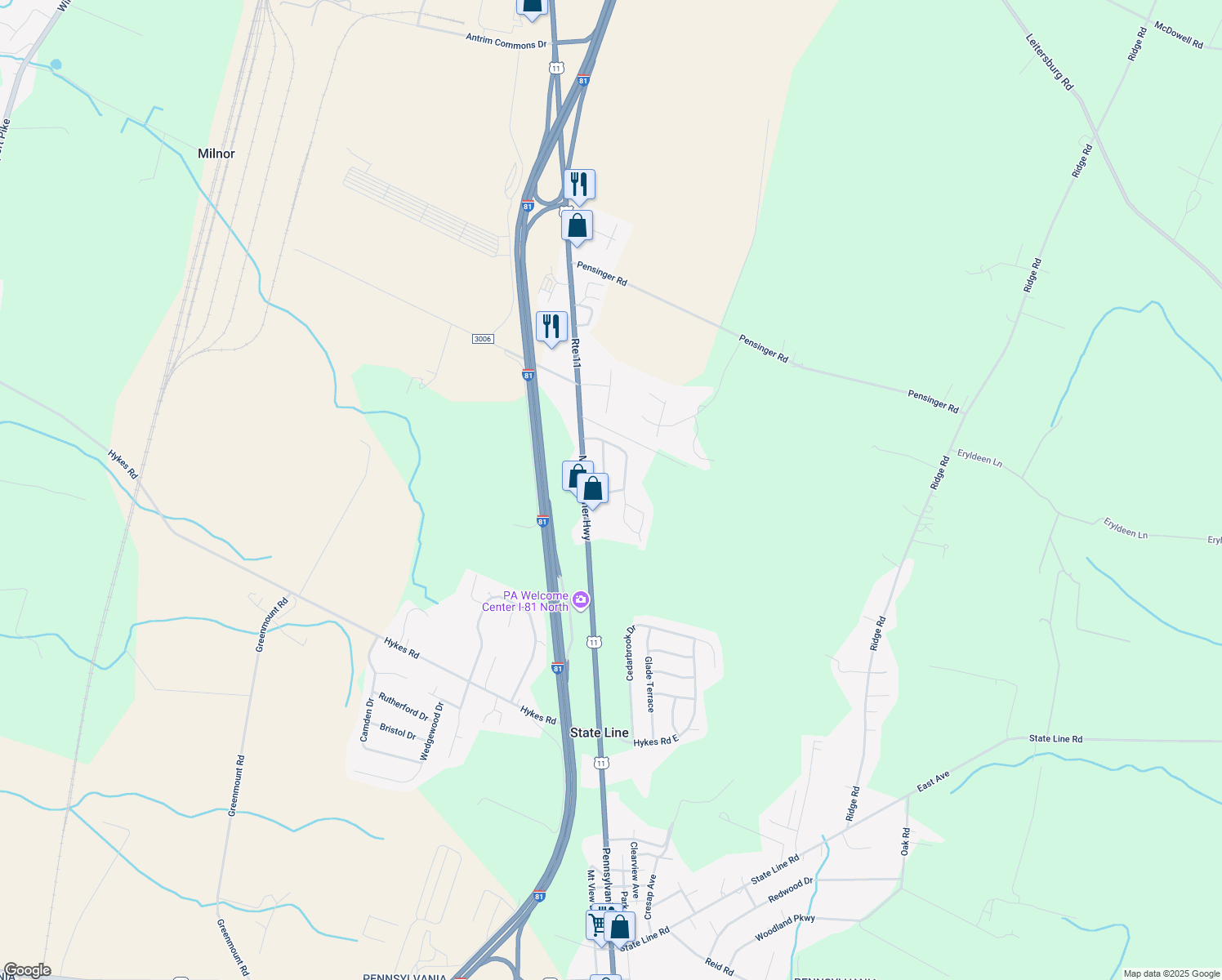 map of restaurants, bars, coffee shops, grocery stores, and more near 14375 Greenview Drive in Greencastle