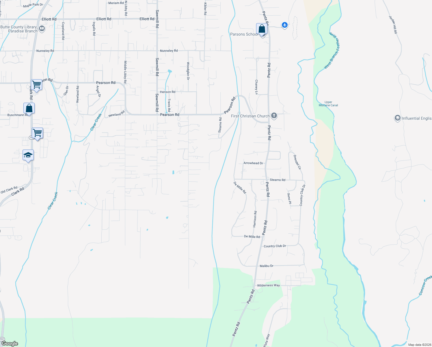 map of restaurants, bars, coffee shops, grocery stores, and more near 5368 Breezewood Drive in Paradise