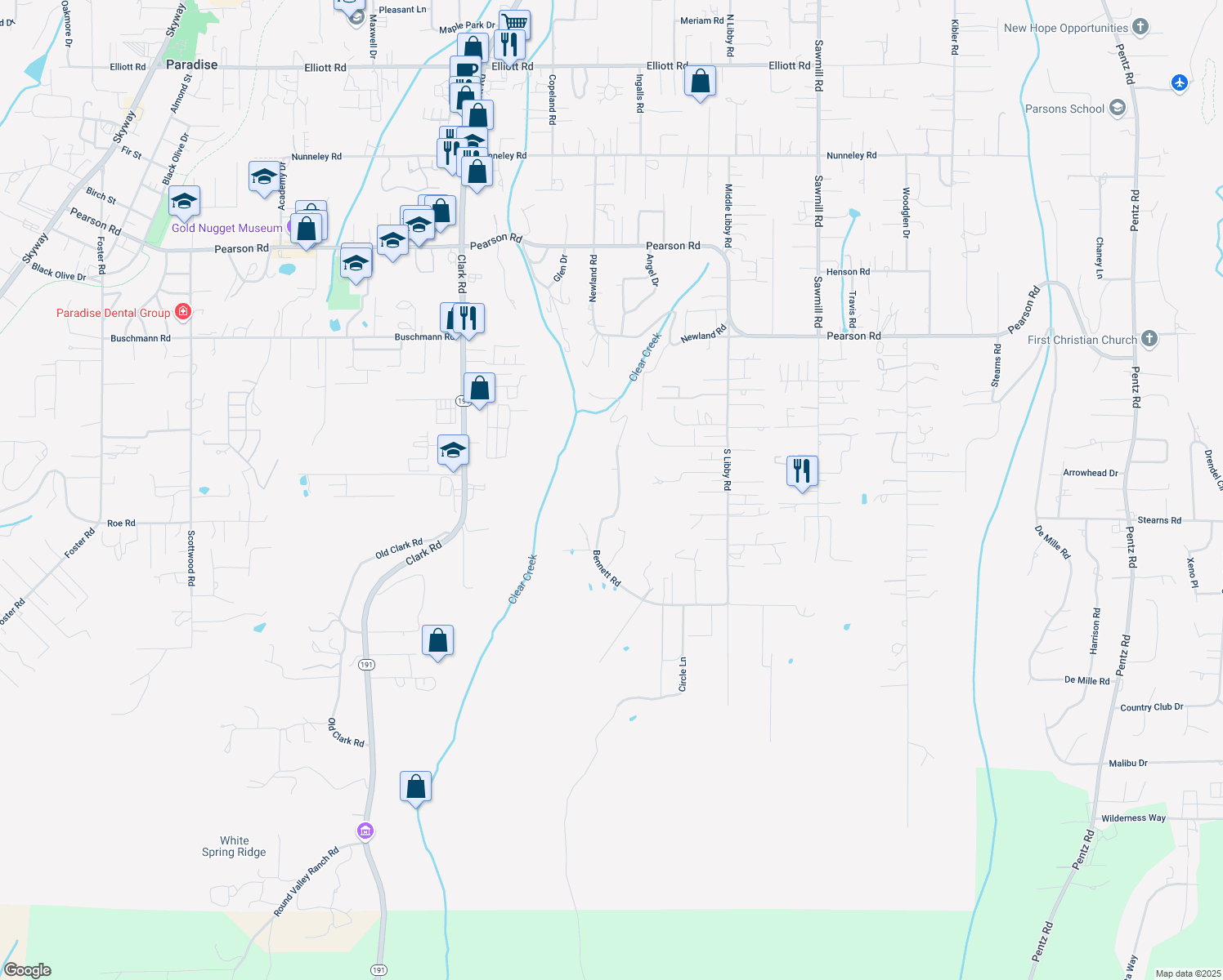 map of restaurants, bars, coffee shops, grocery stores, and more near 5231 Bennett Road in Paradise