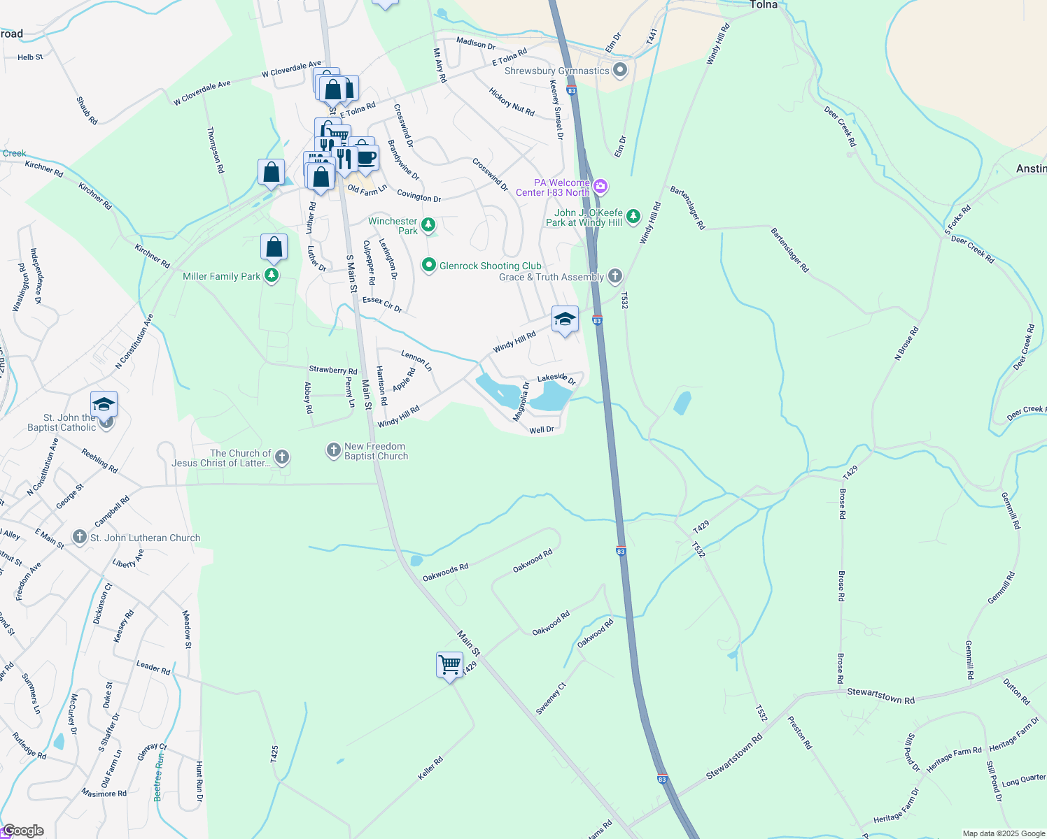 map of restaurants, bars, coffee shops, grocery stores, and more near 496 Well Dr in New Freedom