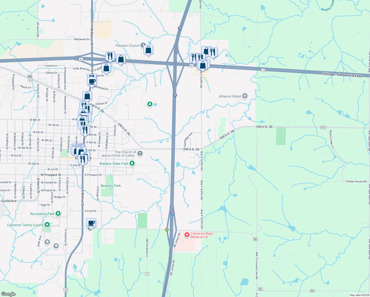 map of restaurants, bars, coffee shops, grocery stores, and more near 504 Eastridge Ave in Cameron