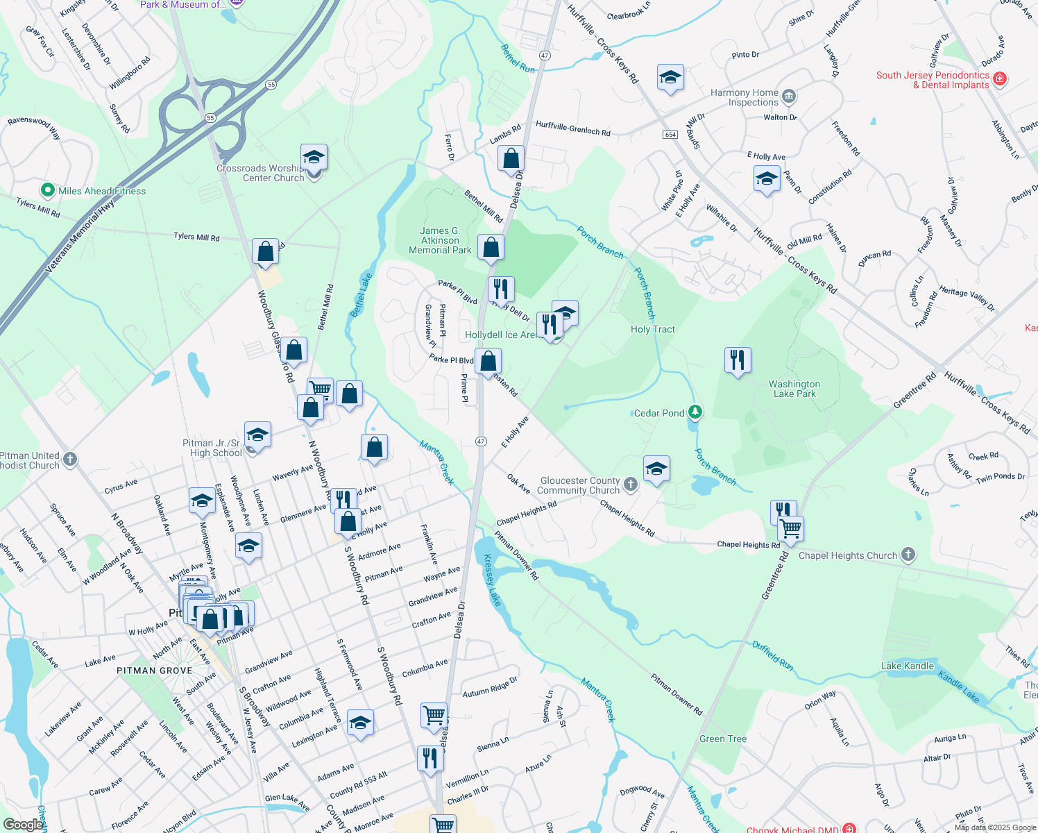 map of restaurants, bars, coffee shops, grocery stores, and more near 122 E Holly Ave in Washington Township