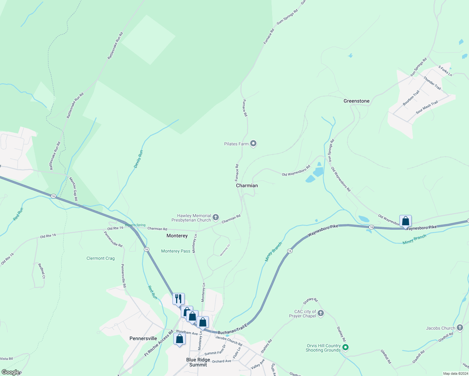 map of restaurants, bars, coffee shops, grocery stores, and more near 11939 Furnace Road in Blue Ridge Summit