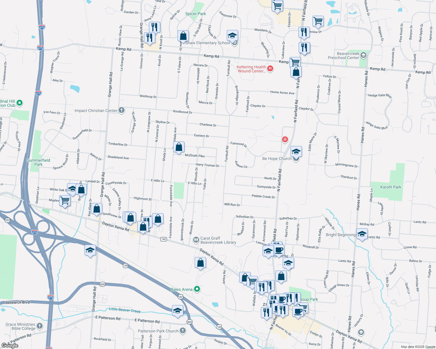 map of restaurants, bars, coffee shops, grocery stores, and more near 1794 Stansberry Road in Dayton