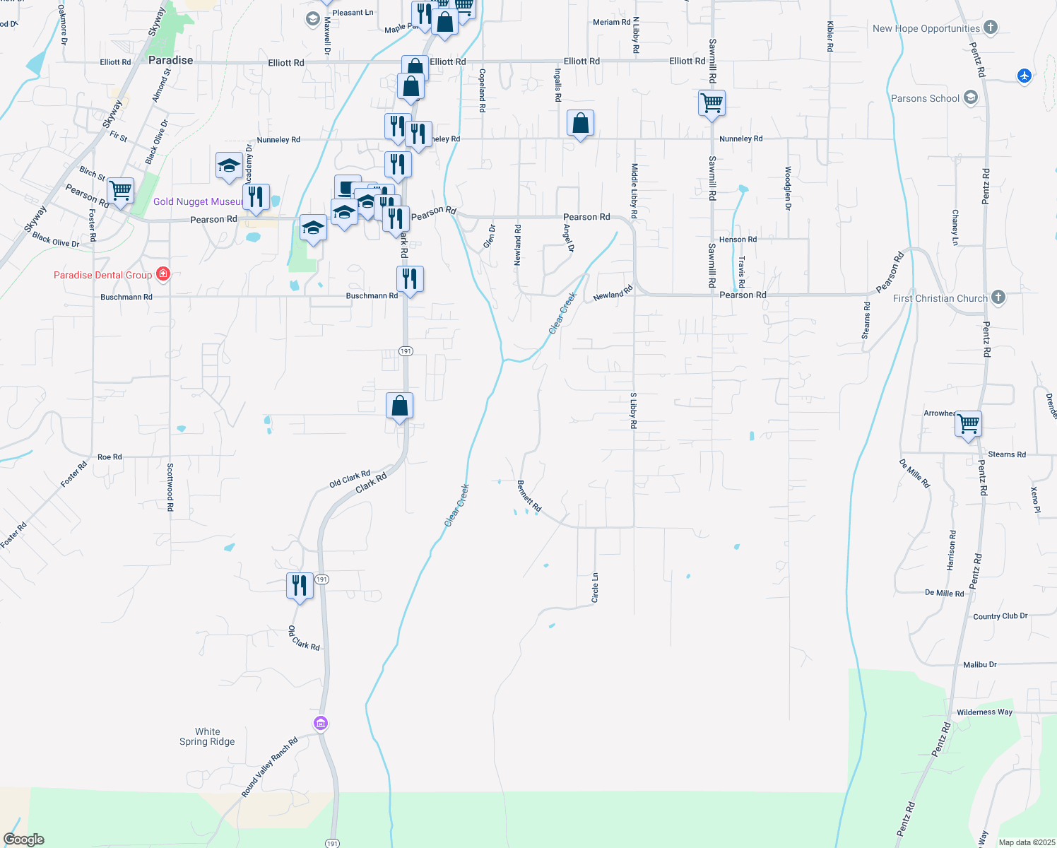 map of restaurants, bars, coffee shops, grocery stores, and more near 5231 Bennett Road in Paradise