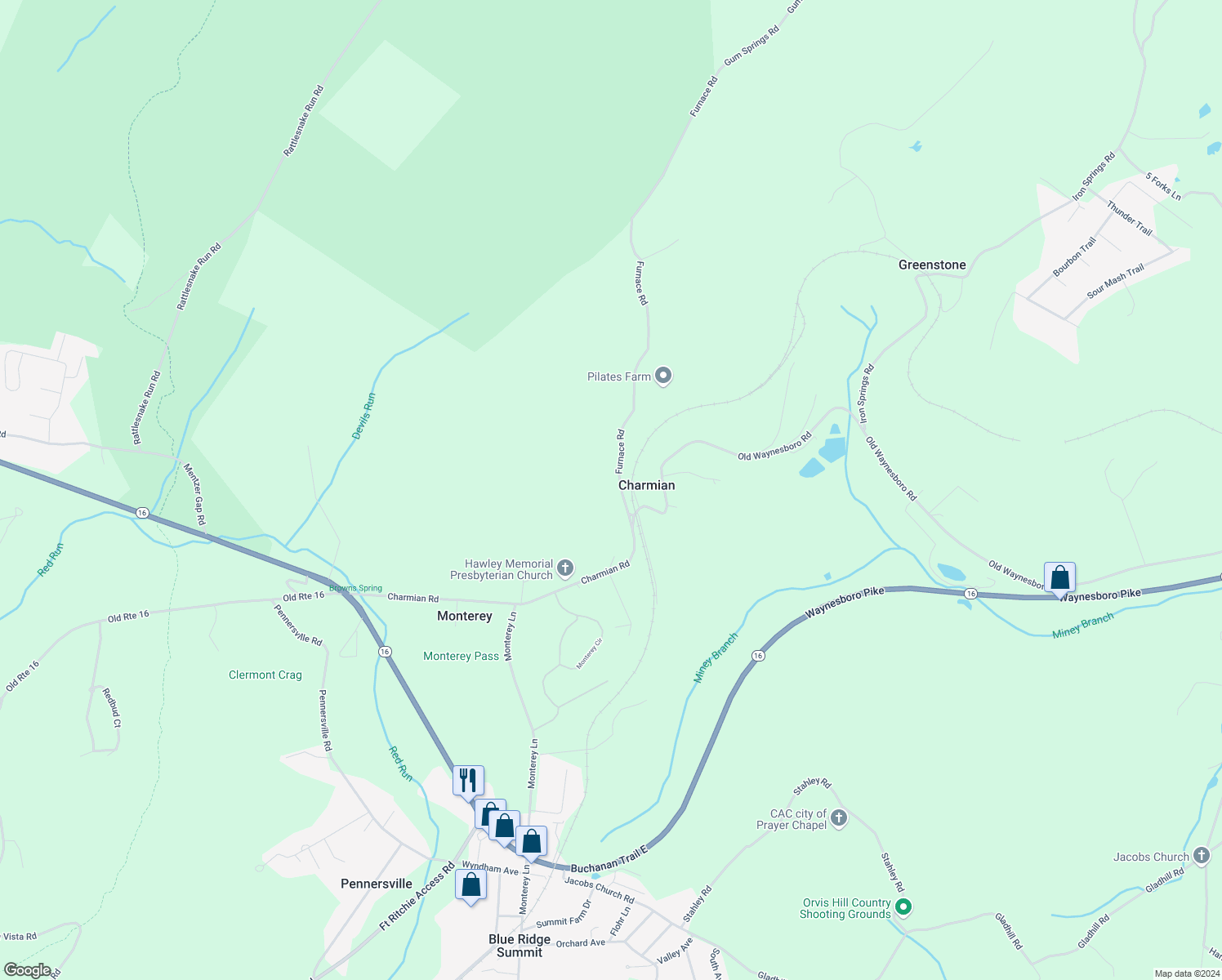 map of restaurants, bars, coffee shops, grocery stores, and more near 11939 Furnace Road in Blue Ridge Summit