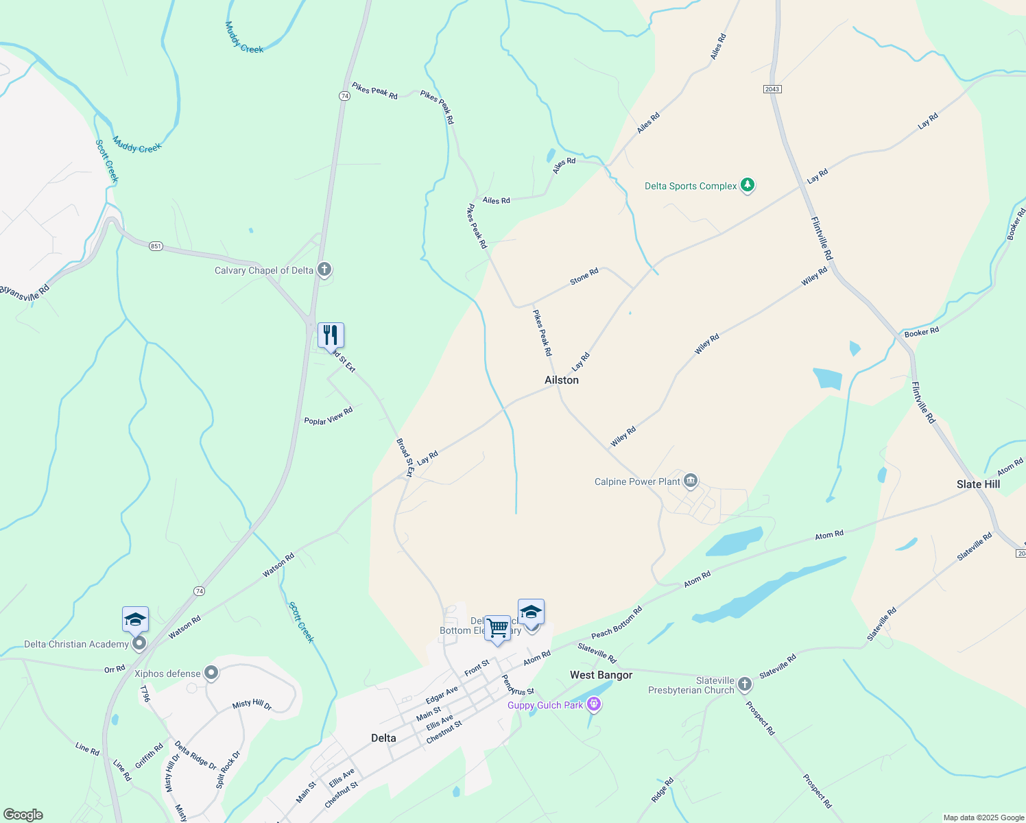 map of restaurants, bars, coffee shops, grocery stores, and more near 218 Lay Rd in Delta