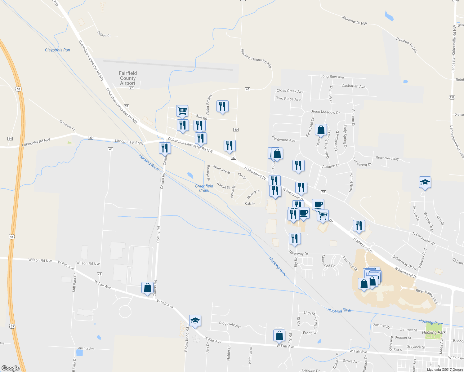 map of restaurants, bars, coffee shops, grocery stores, and more near Walnut Street in Lancaster