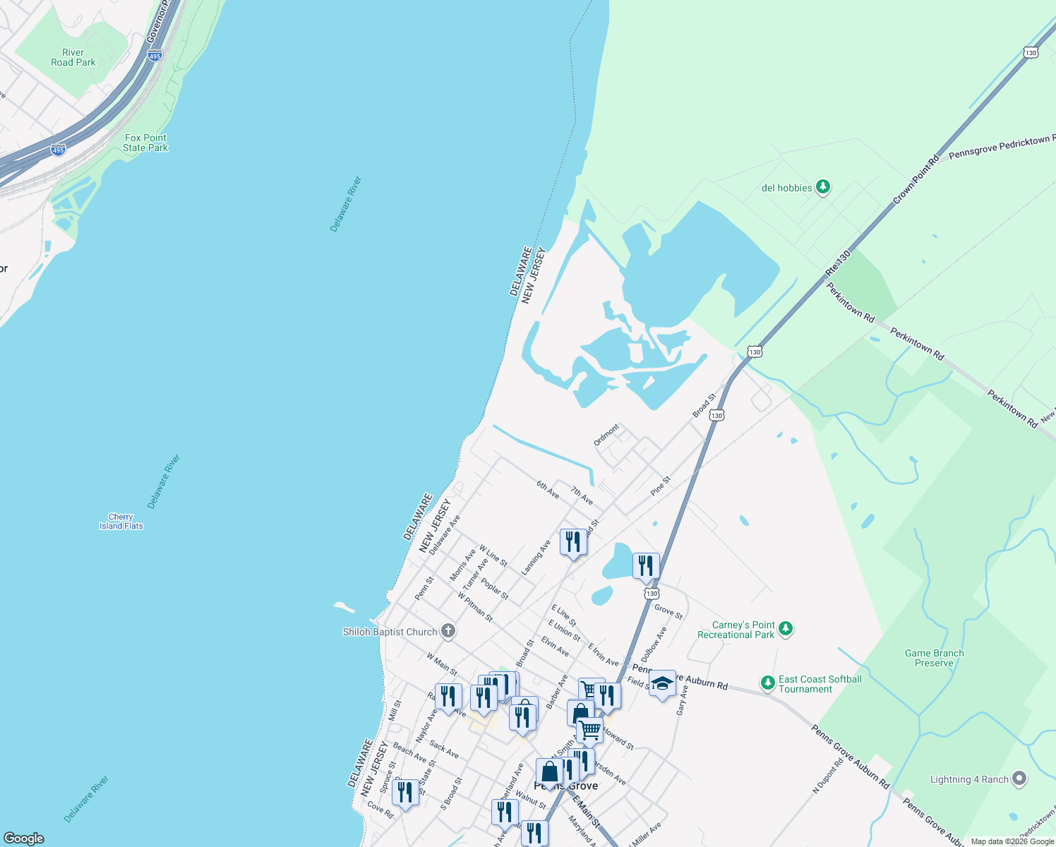 map of restaurants, bars, coffee shops, grocery stores, and more near 81 7th Avenue in Penns Grove