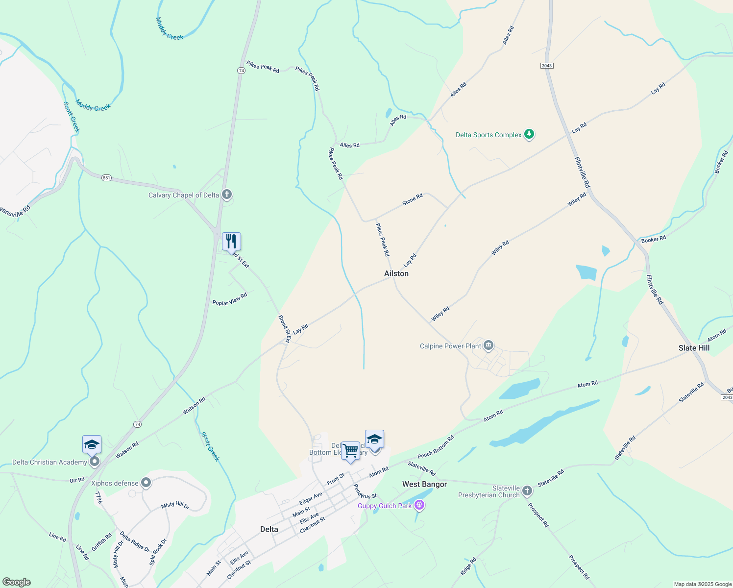 map of restaurants, bars, coffee shops, grocery stores, and more near 234 Lay Road in Delta