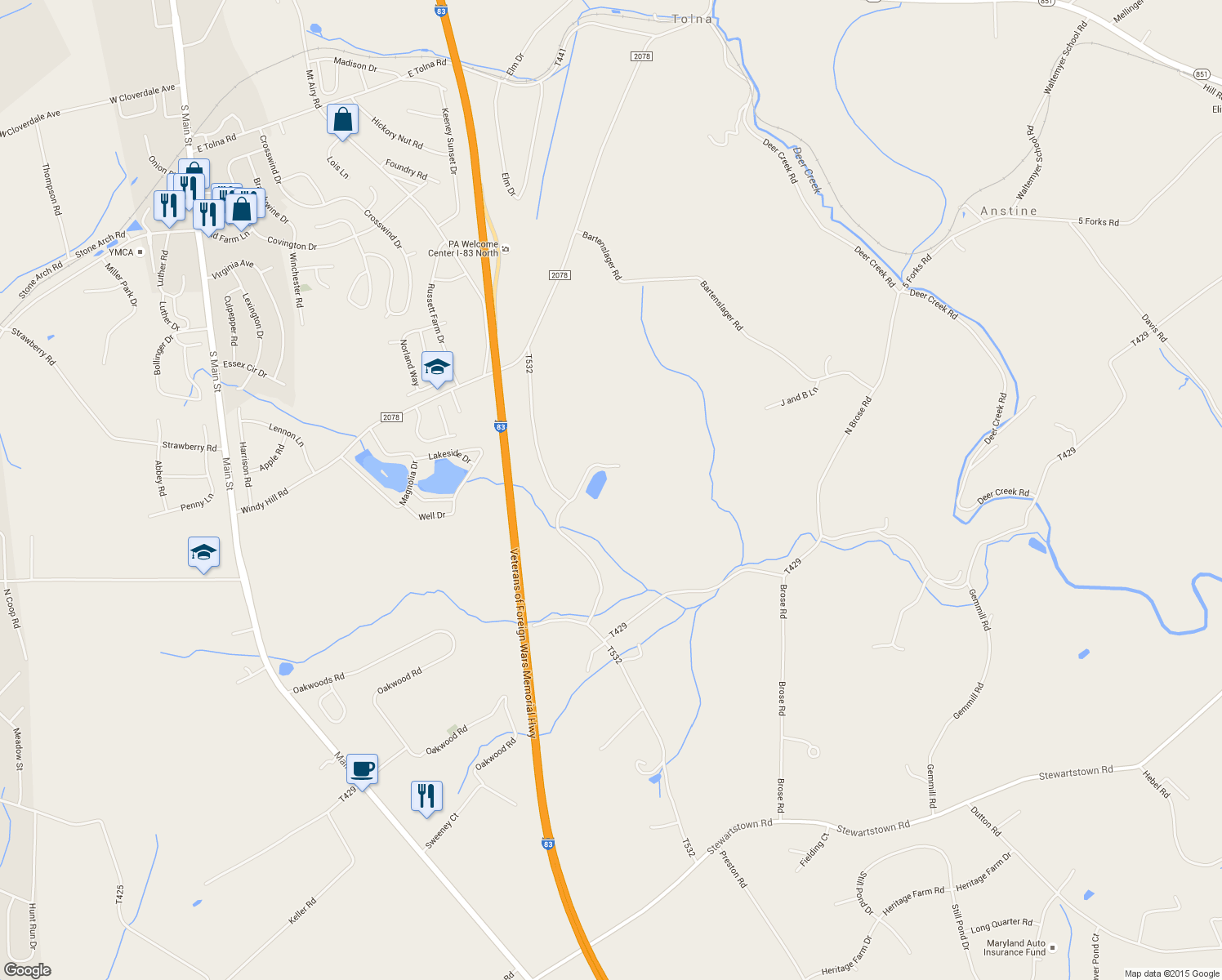 map of restaurants, bars, coffee shops, grocery stores, and more near 15467 Whitcraft Road in New Freedom