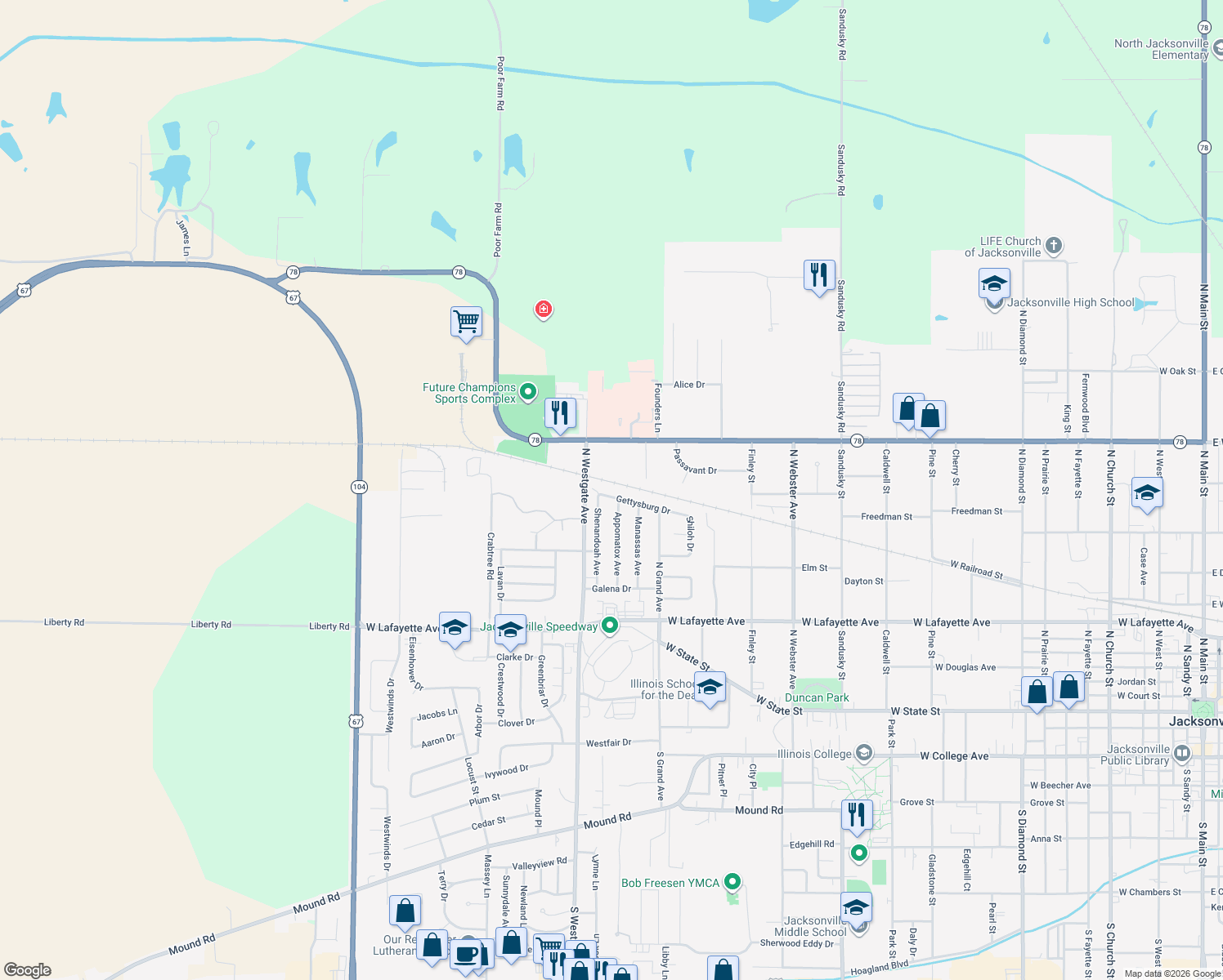 map of restaurants, bars, coffee shops, grocery stores, and more near 30 Gettysburg Drive in Jacksonville