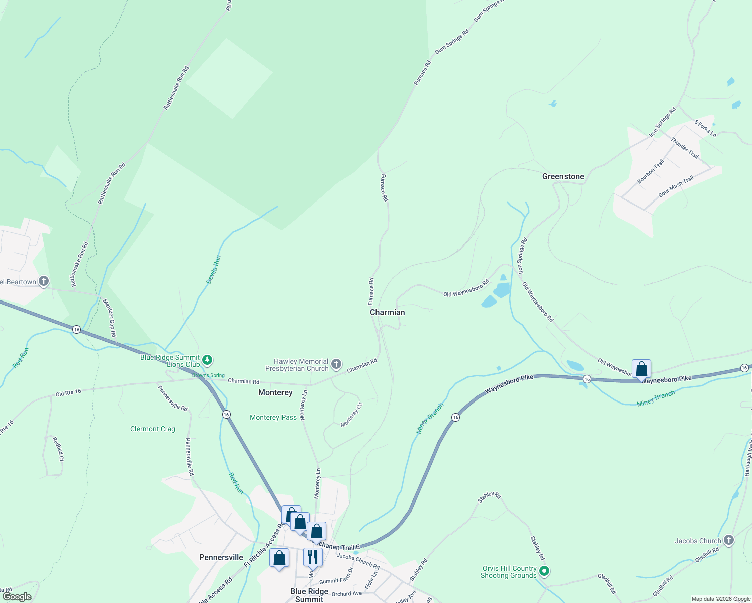 map of restaurants, bars, coffee shops, grocery stores, and more near 11772 Furnace Road in Blue Ridge Summit