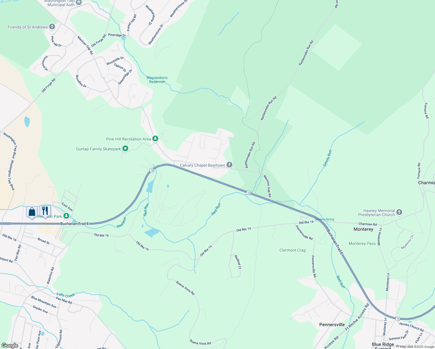 map of restaurants, bars, coffee shops, grocery stores, and more near 13248 Mentzer Gap Road in Waynesboro