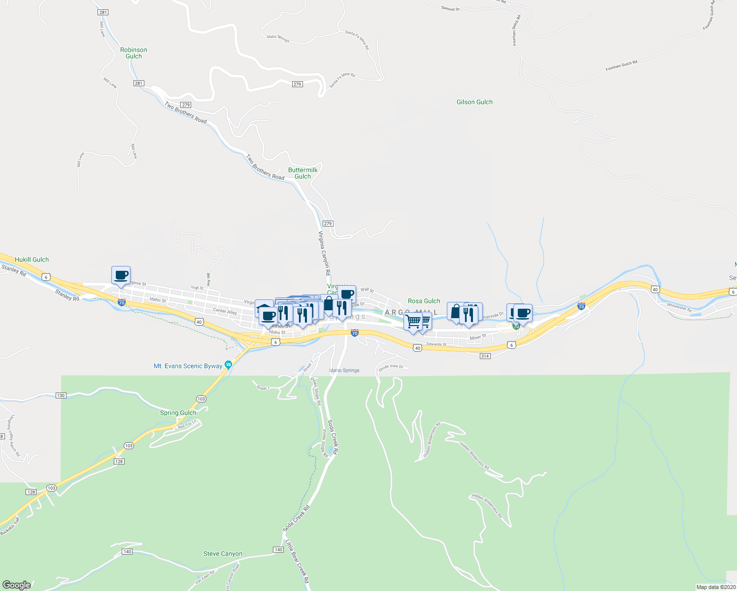 map of restaurants, bars, coffee shops, grocery stores, and more near 2036 Virginia St in Idaho Springs