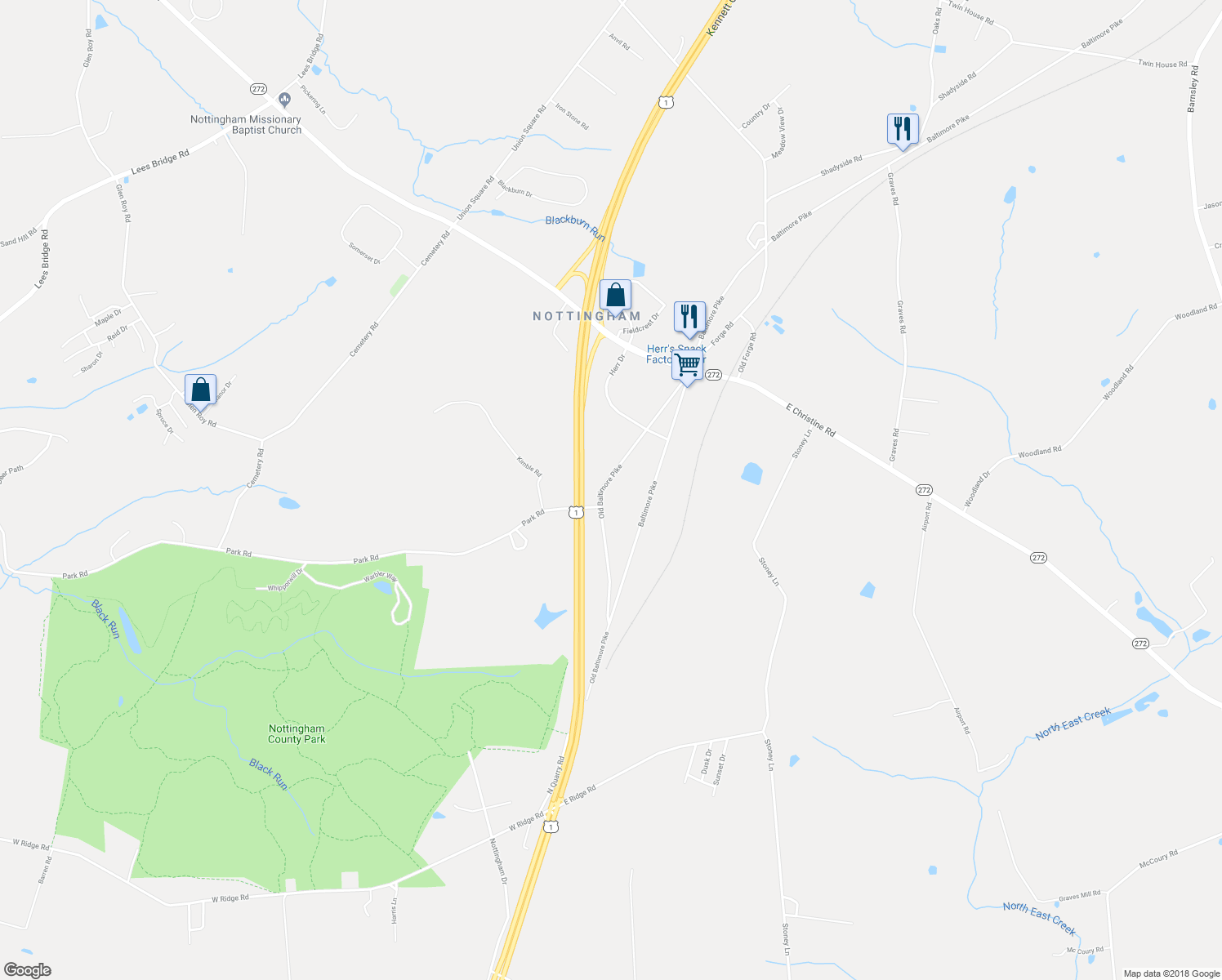map of restaurants, bars, coffee shops, grocery stores, and more near 235 Old Baltimore Pike in Chester County