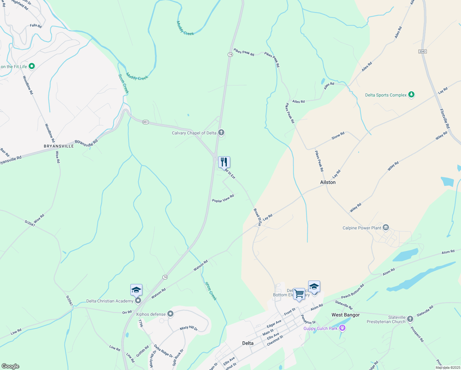 map of restaurants, bars, coffee shops, grocery stores, and more near 38 Poplar Dr in Delta