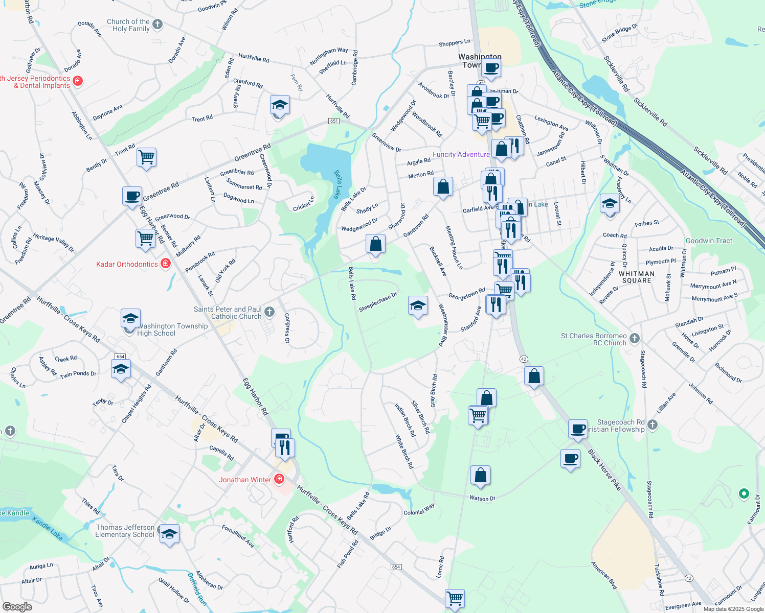 map of restaurants, bars, coffee shops, grocery stores, and more near 10 Steeplechase Drive in Washington Township