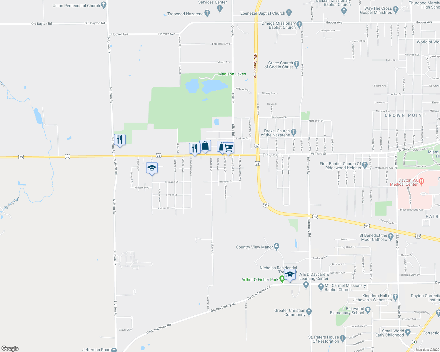 map of restaurants, bars, coffee shops, grocery stores, and more near 116 South Iona Avenue in Dayton