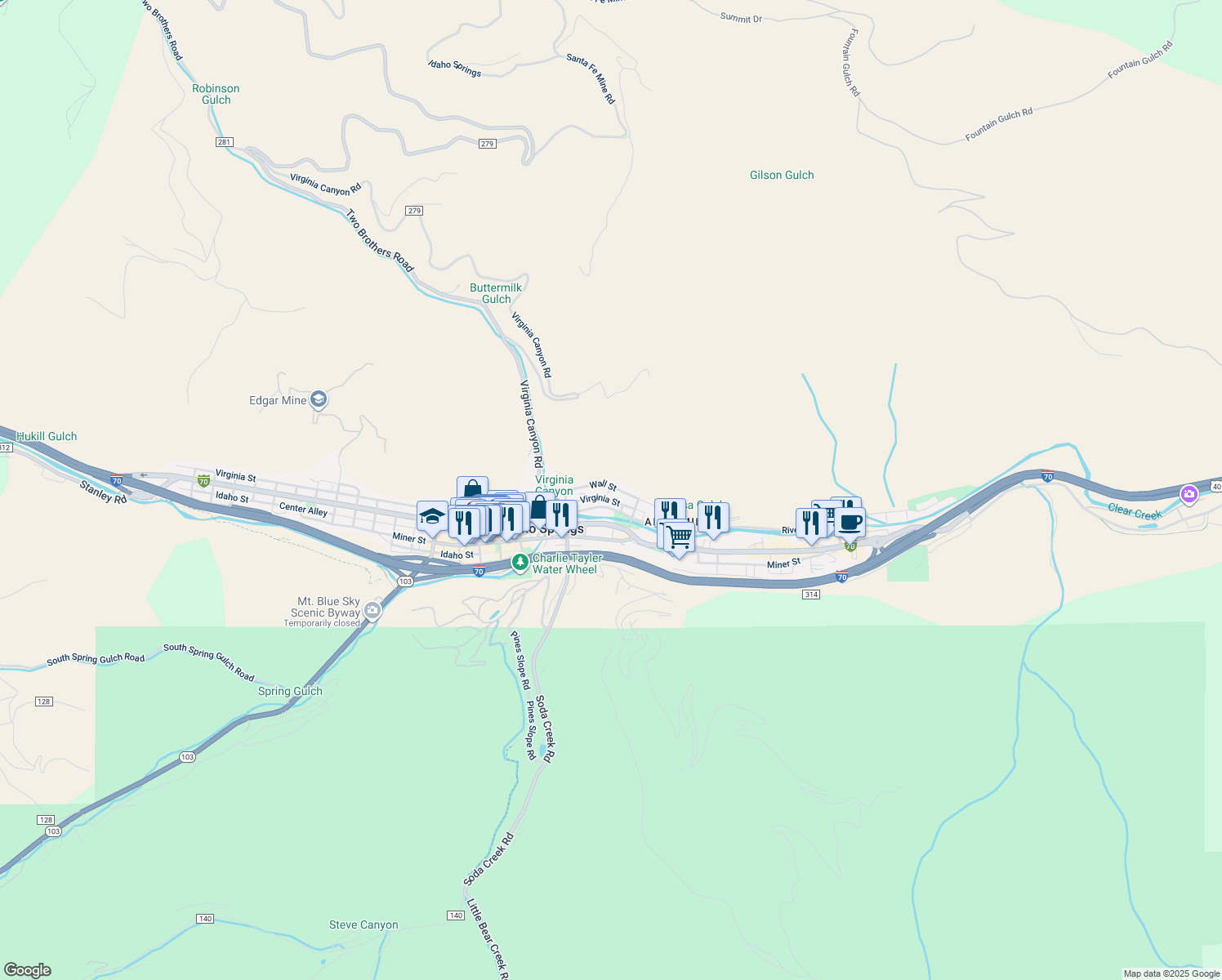 map of restaurants, bars, coffee shops, grocery stores, and more near 2103 Wall Street in Idaho Springs