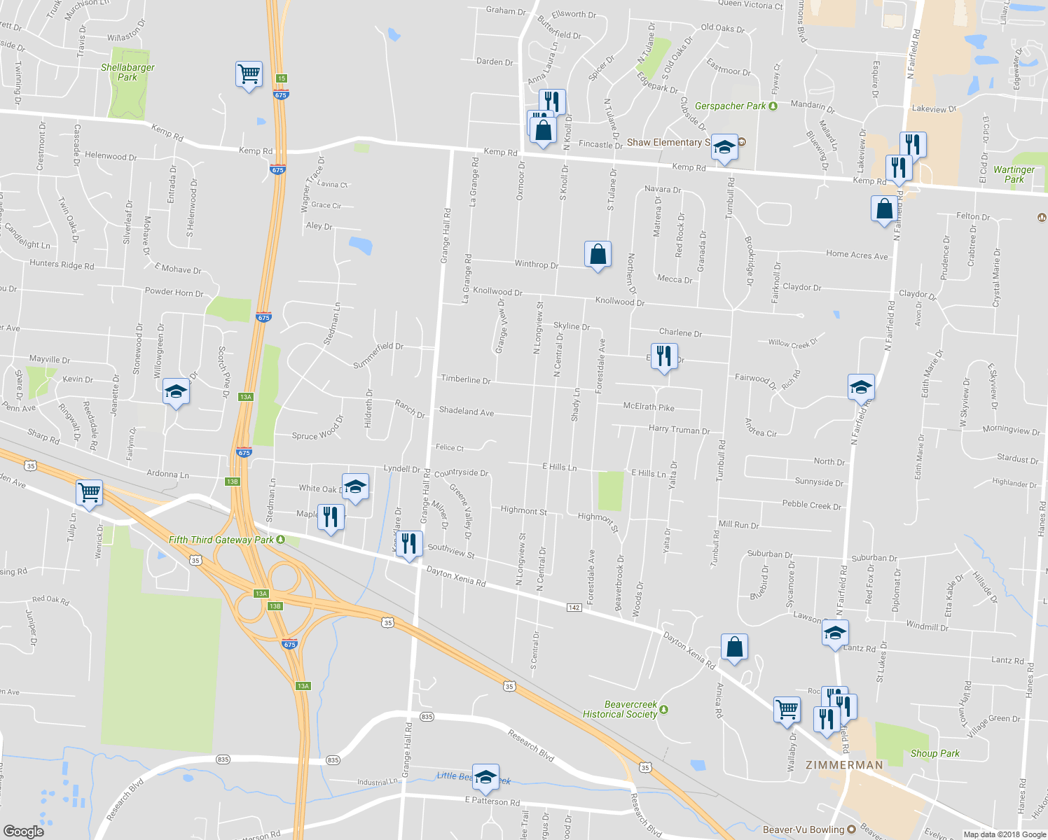 map of restaurants, bars, coffee shops, grocery stores, and more near 1819 North Longview Street in Dayton