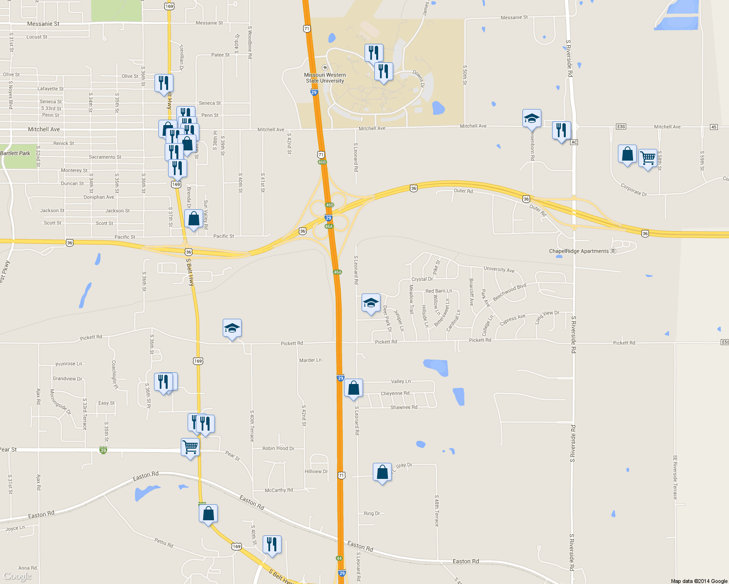 map of restaurants, bars, coffee shops, grocery stores, and more near 4605 Crystal Drive in St. Joseph
