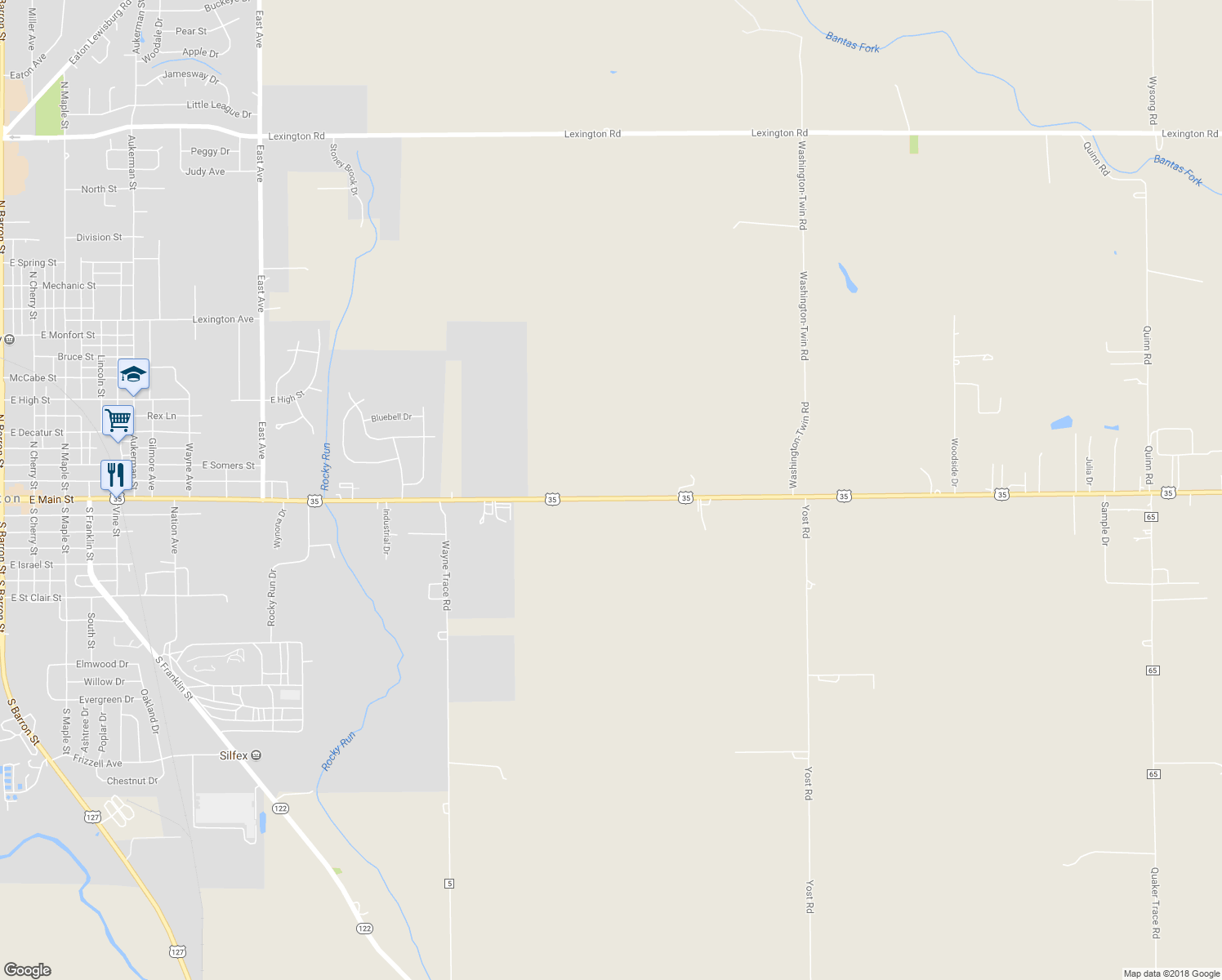 map of restaurants, bars, coffee shops, grocery stores, and more near 1727 U.S. 35 in Eaton