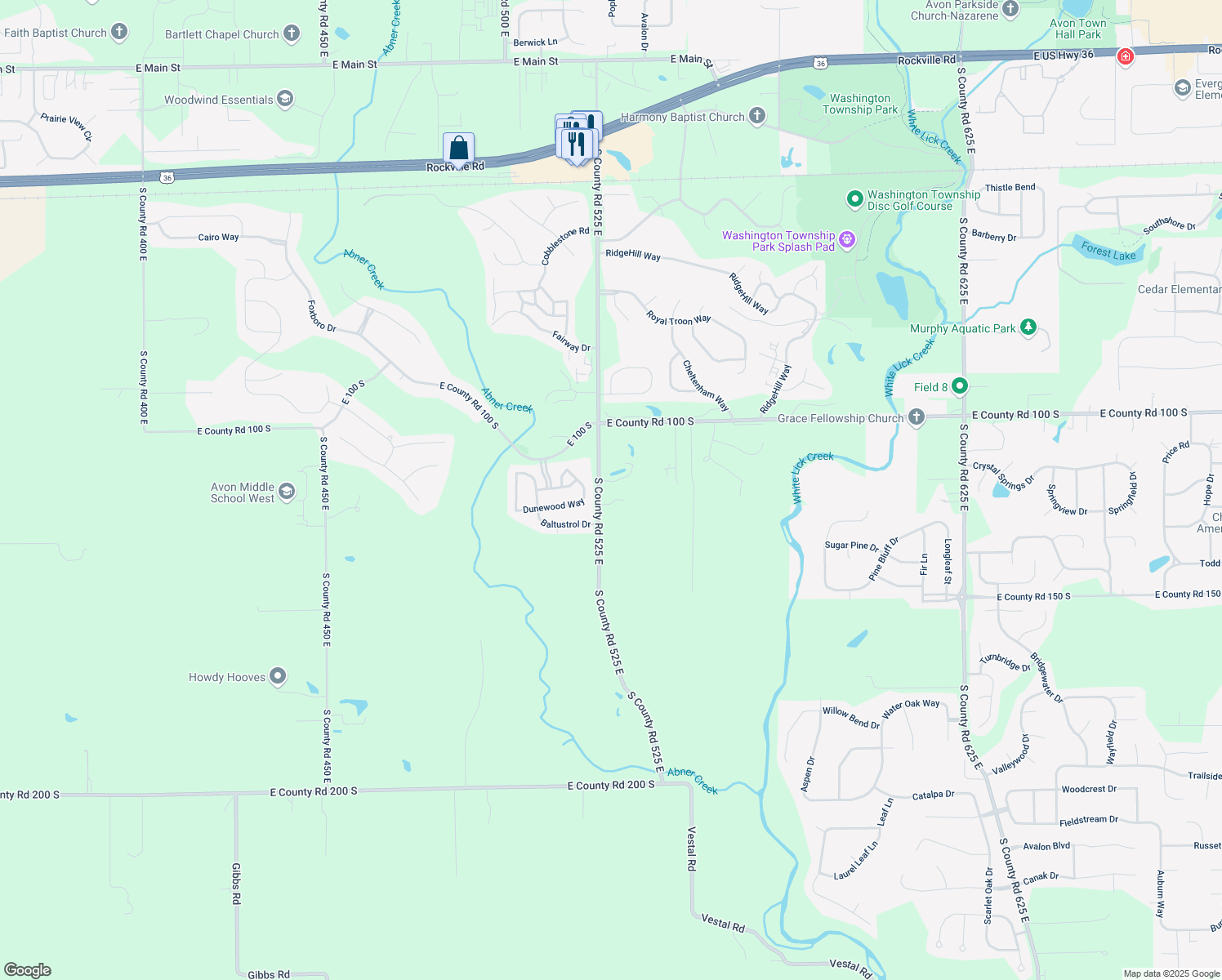 map of restaurants, bars, coffee shops, grocery stores, and more near 1189 S County Road 525 East in Avon