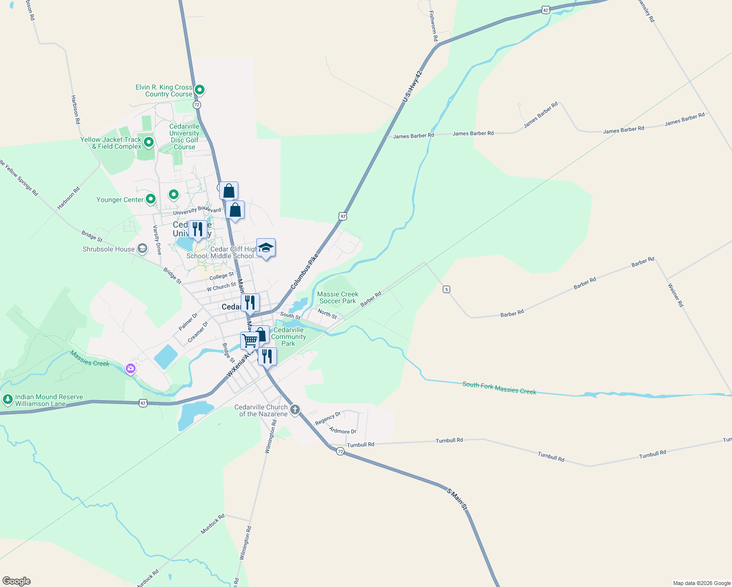 map of restaurants, bars, coffee shops, grocery stores, and more near 3480 Barber Road in Cedarville