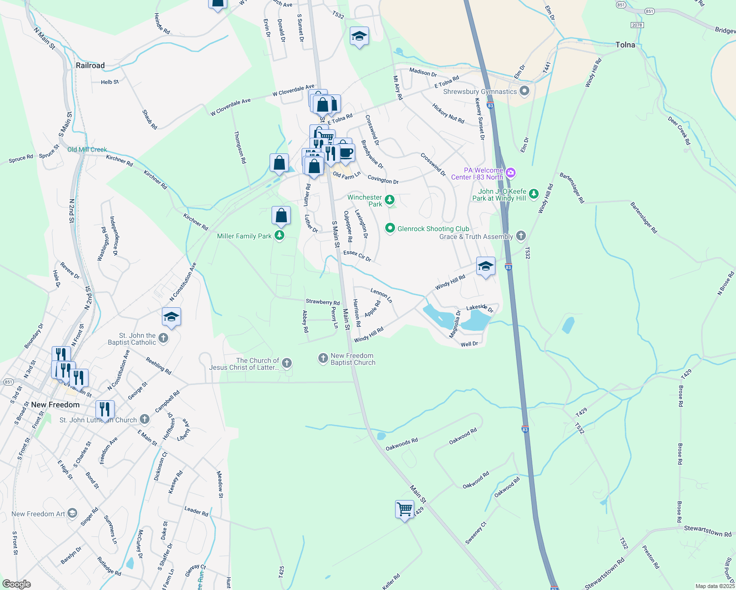 map of restaurants, bars, coffee shops, grocery stores, and more near 13 Lennon Lane in New Freedom