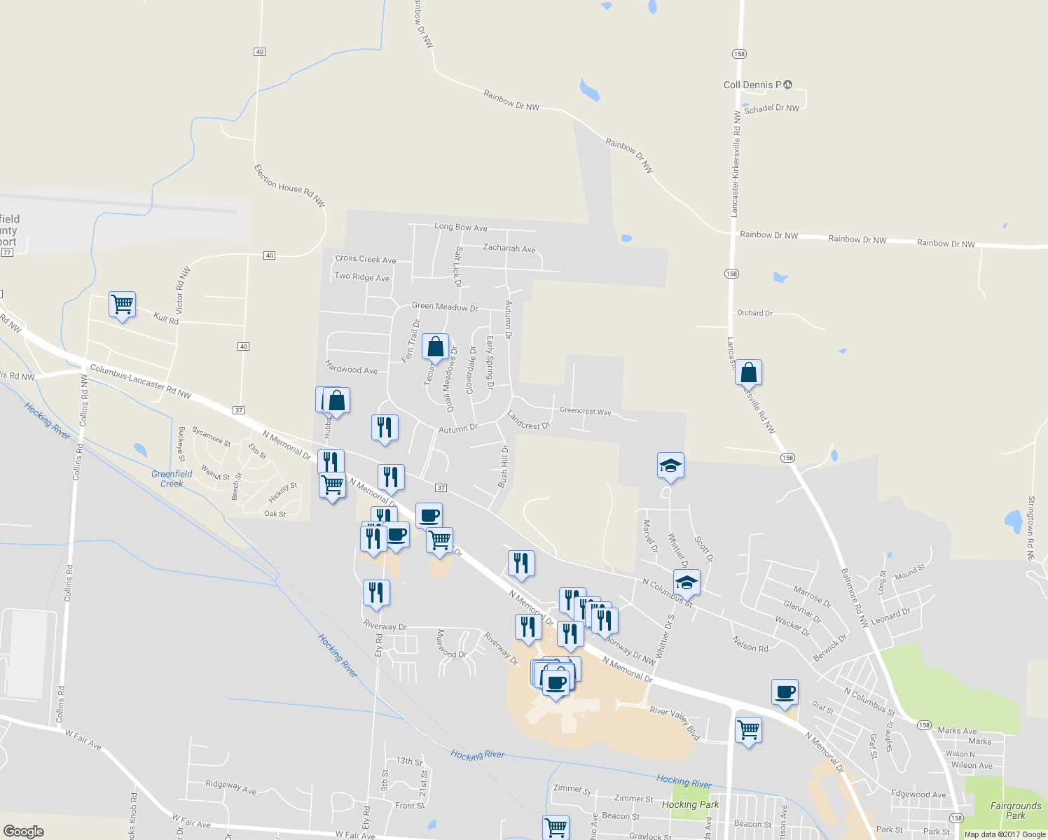 map of restaurants, bars, coffee shops, grocery stores, and more near 2261 Landcrest Drive in Lancaster