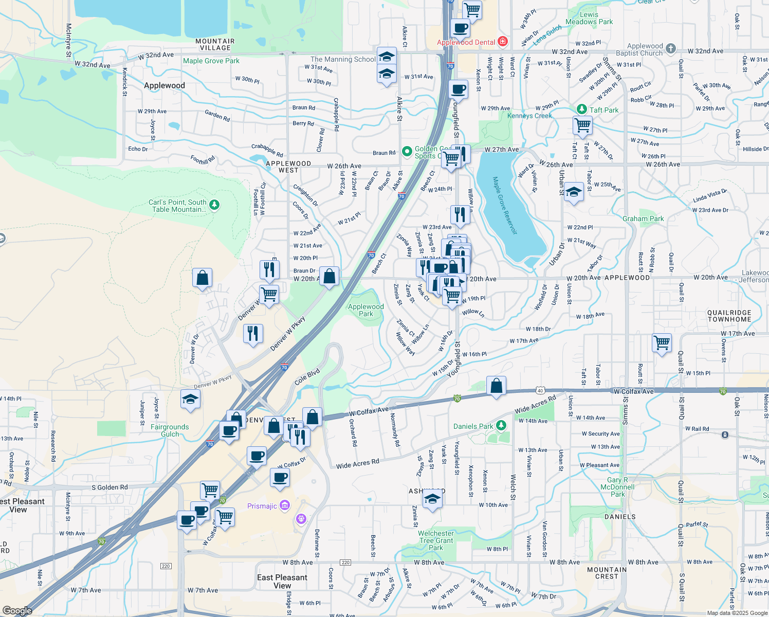 map of restaurants, bars, coffee shops, grocery stores, and more near 1925 Alkire Street in Golden