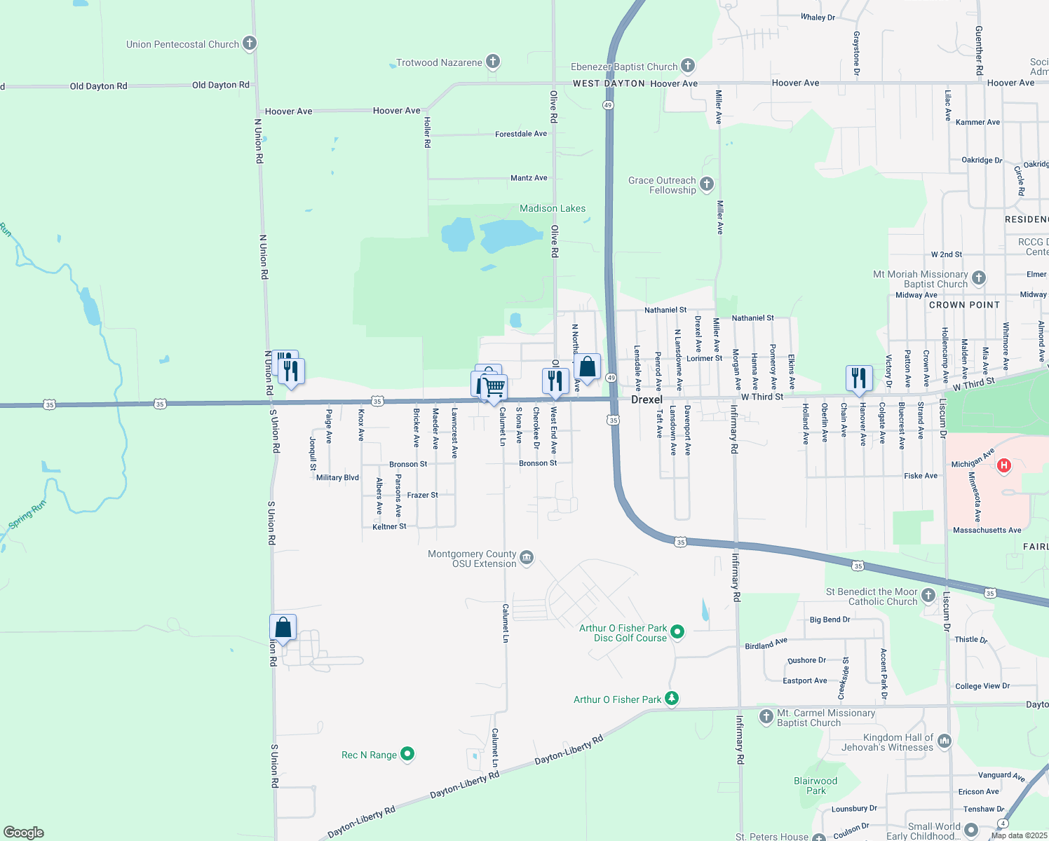 map of restaurants, bars, coffee shops, grocery stores, and more near 26 South Iona Avenue in Dayton