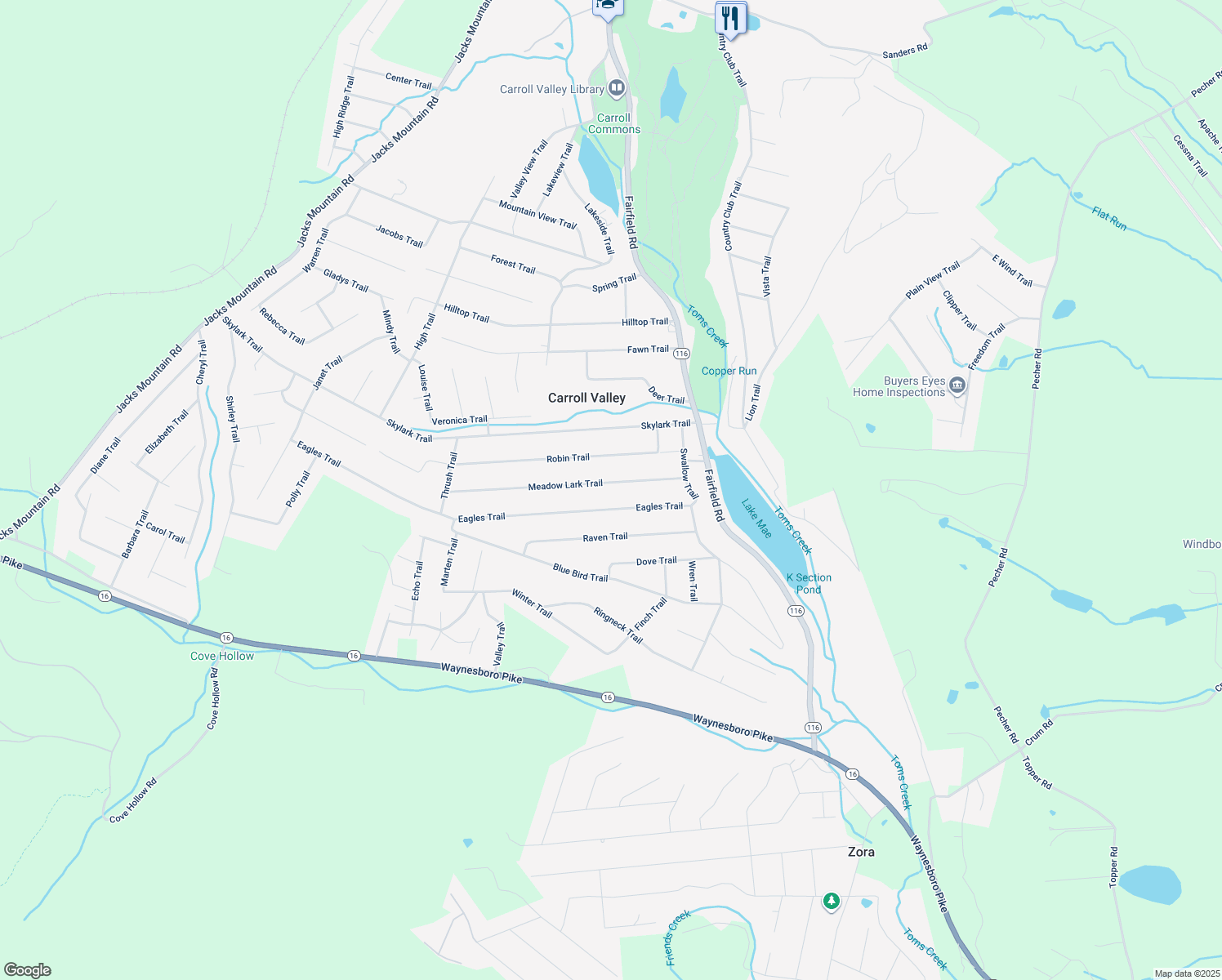 map of restaurants, bars, coffee shops, grocery stores, and more near 23 Meadow Lark Trail in Fairfield