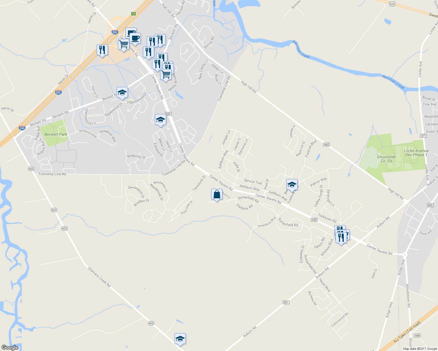 map of restaurants, bars, coffee shops, grocery stores, and more near 918 Ashburn Way in Swedesboro