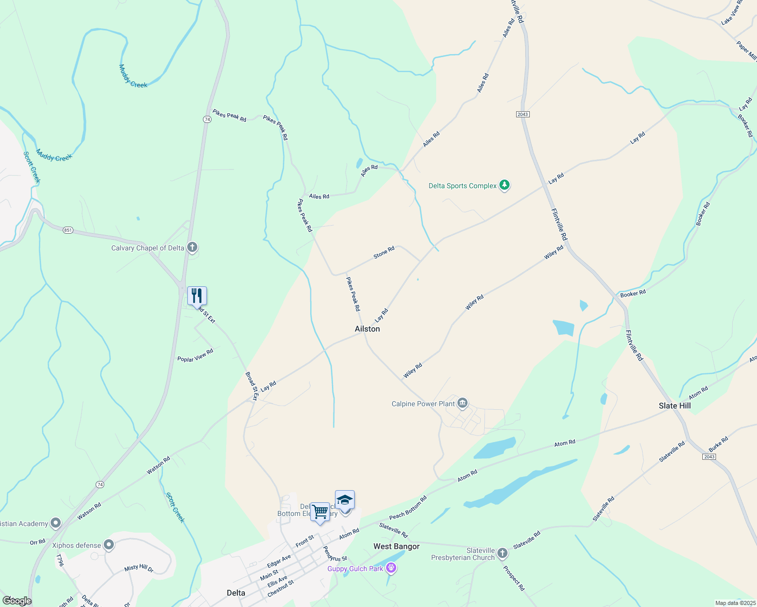 map of restaurants, bars, coffee shops, grocery stores, and more near 363 Lay Rd in Delta