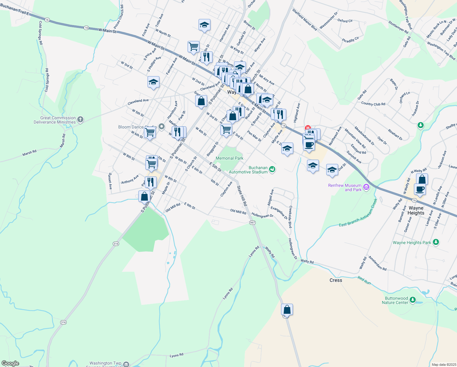 map of restaurants, bars, coffee shops, grocery stores, and more near 518 Clayton Avenue in Waynesboro