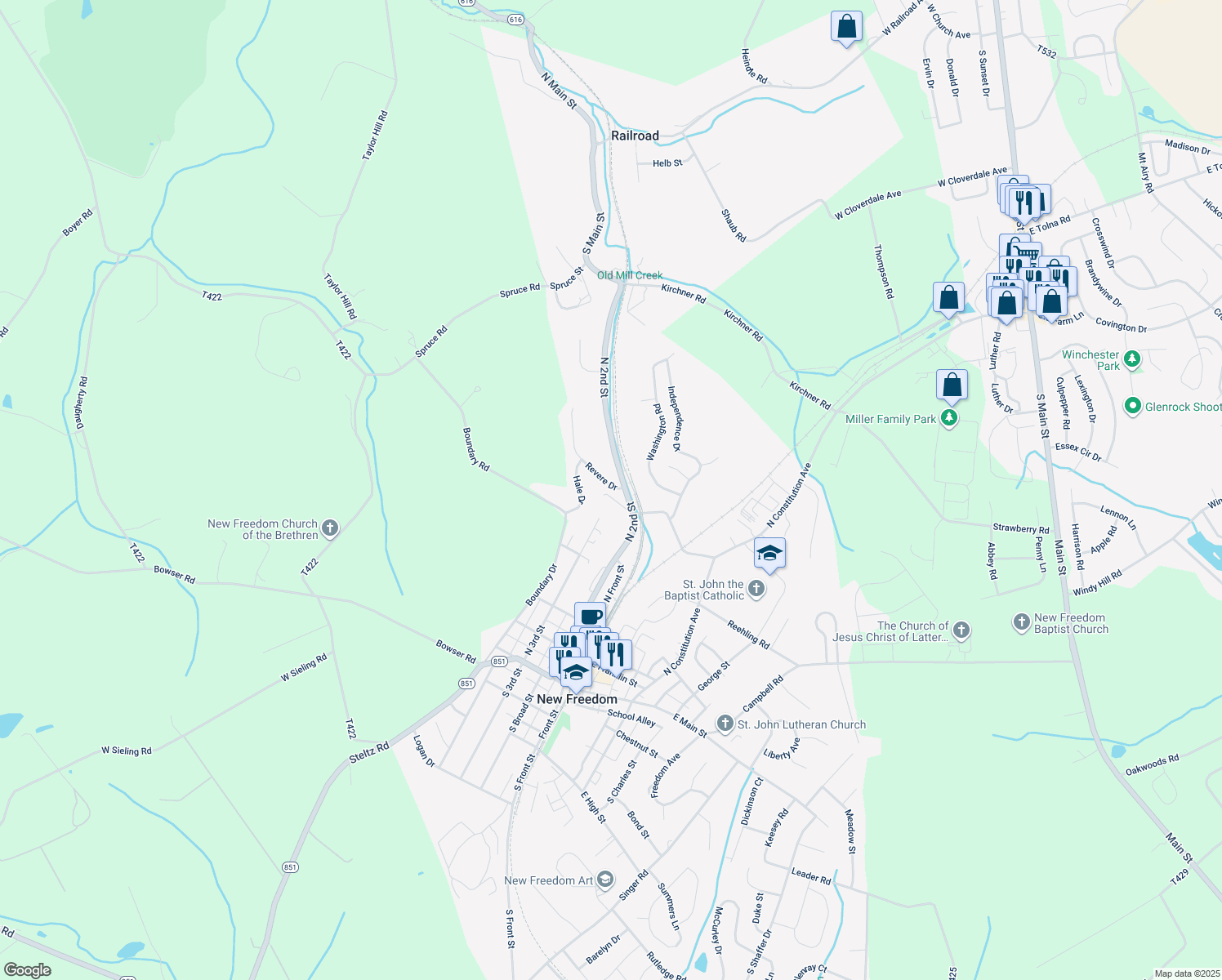 map of restaurants, bars, coffee shops, grocery stores, and more near 15636 Revere Drive in New Freedom