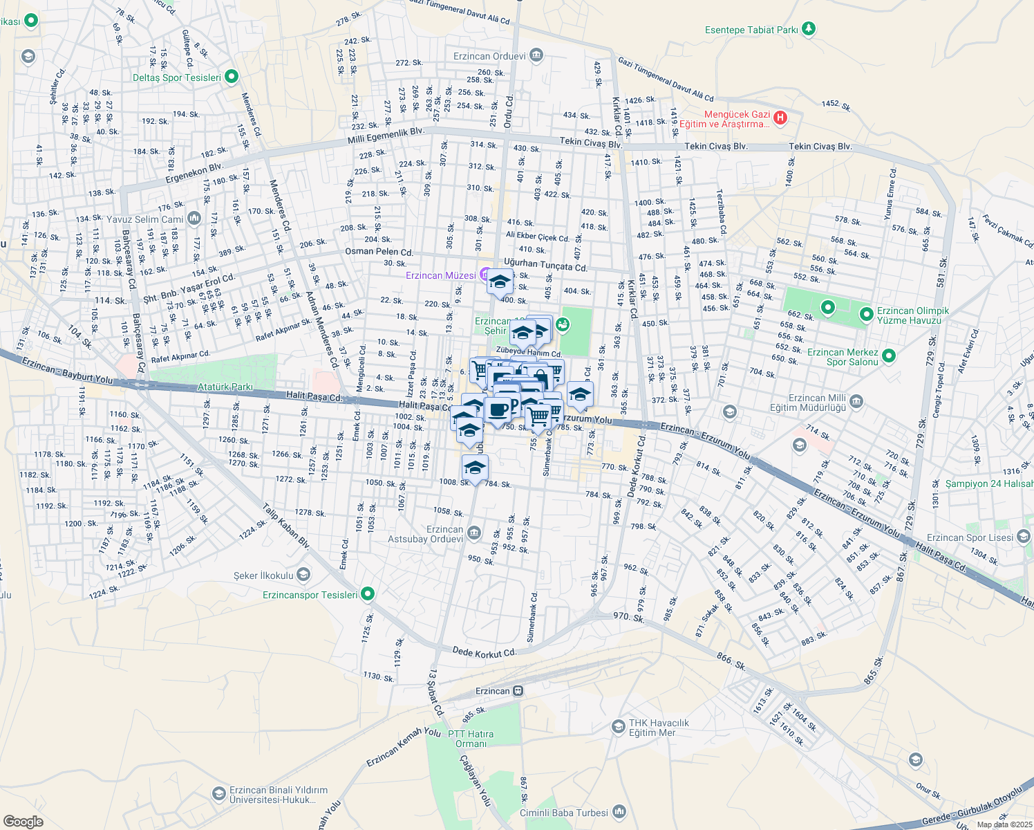map of restaurants, bars, coffee shops, grocery stores, and more near Fevzi Paşa Caddesi (75. Yıl Blv.) in Erzincan