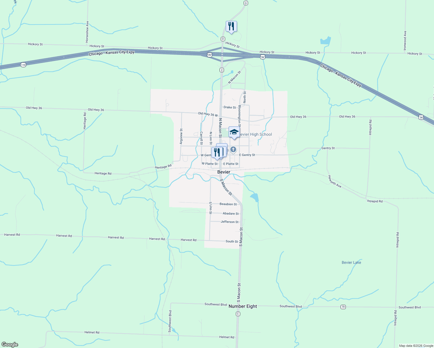 map of restaurants, bars, coffee shops, grocery stores, and more near 105 South Macon Street in Bevier