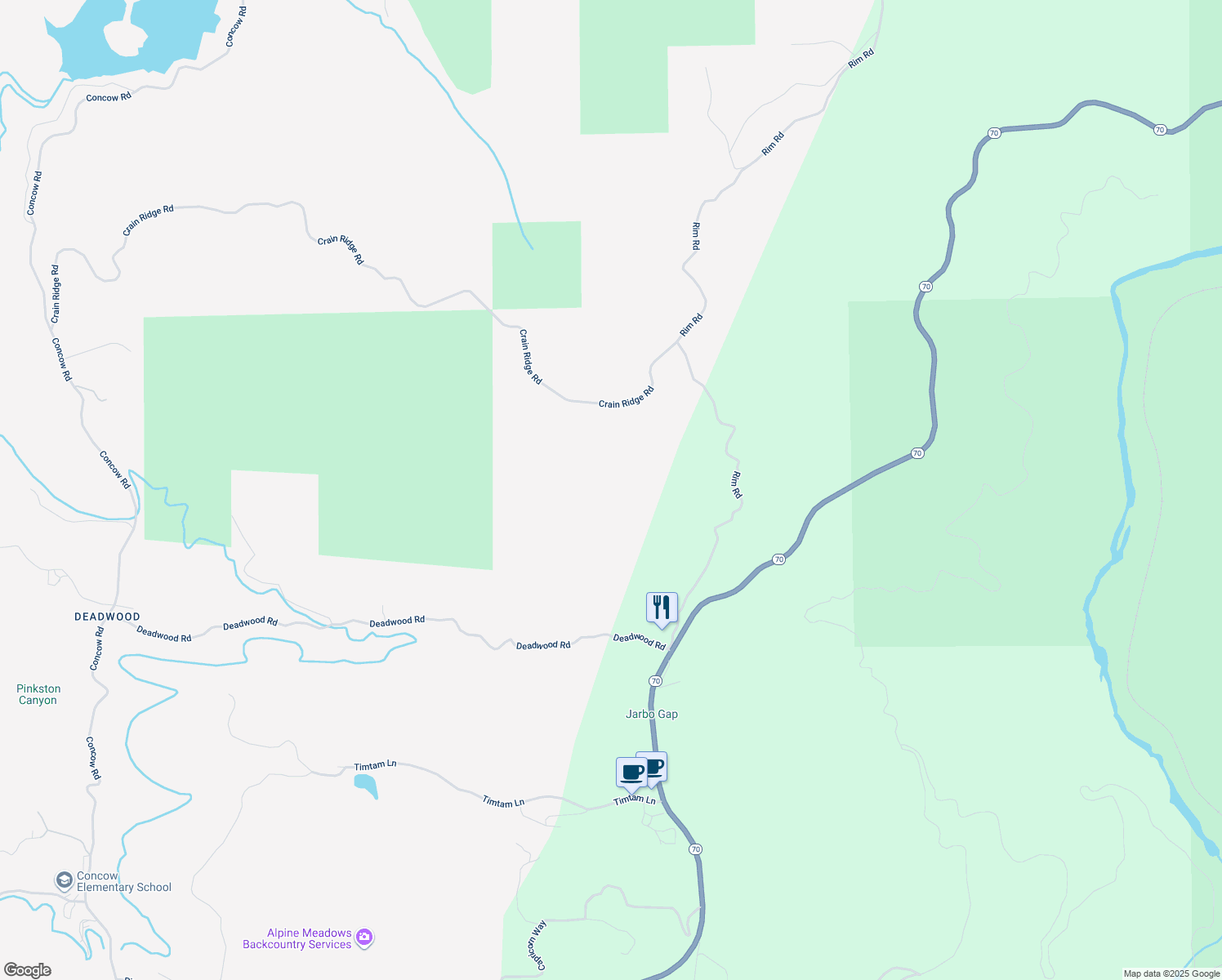 map of restaurants, bars, coffee shops, grocery stores, and more near 12269 Andy Mountain Road in Oroville