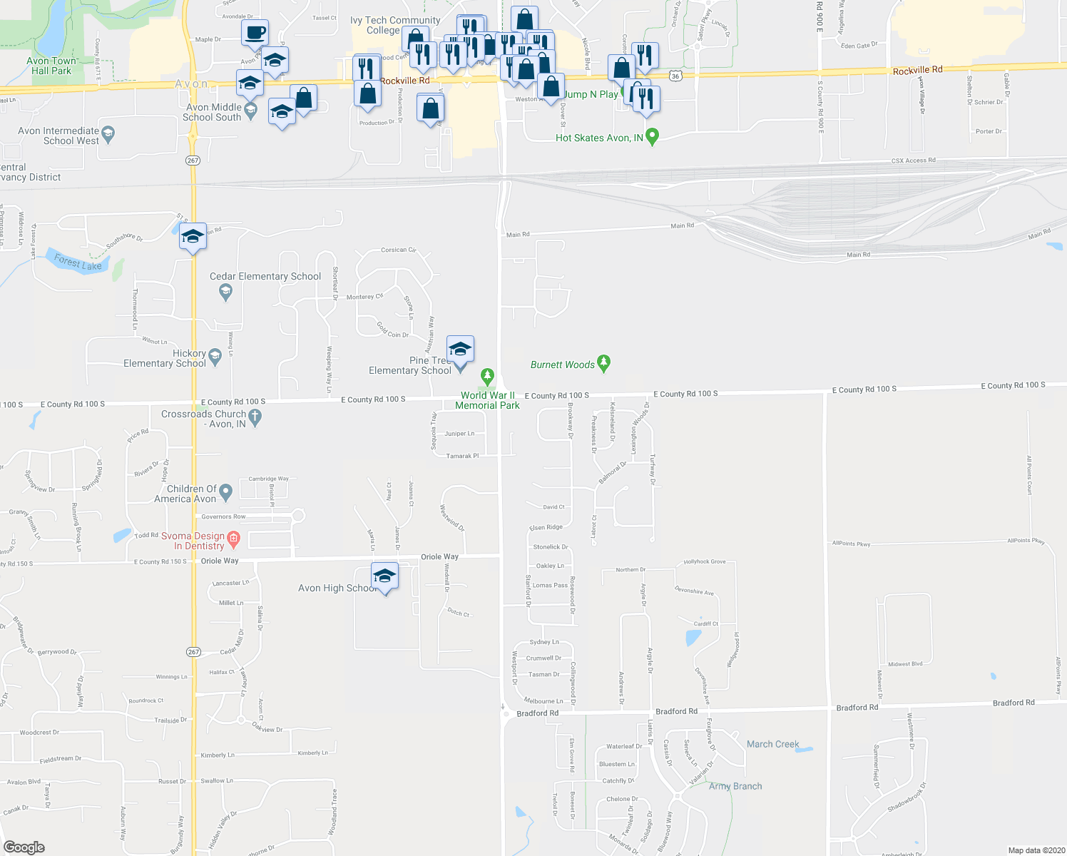 map of restaurants, bars, coffee shops, grocery stores, and more near 8152 Creek Way in Avon