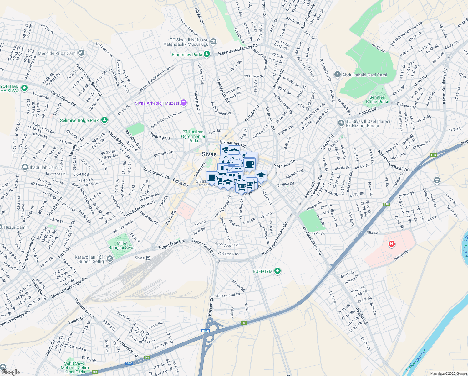map of restaurants, bars, coffee shops, grocery stores, and more near 23 A Fevzi Çakmak Caddesi in Sivas Merkez