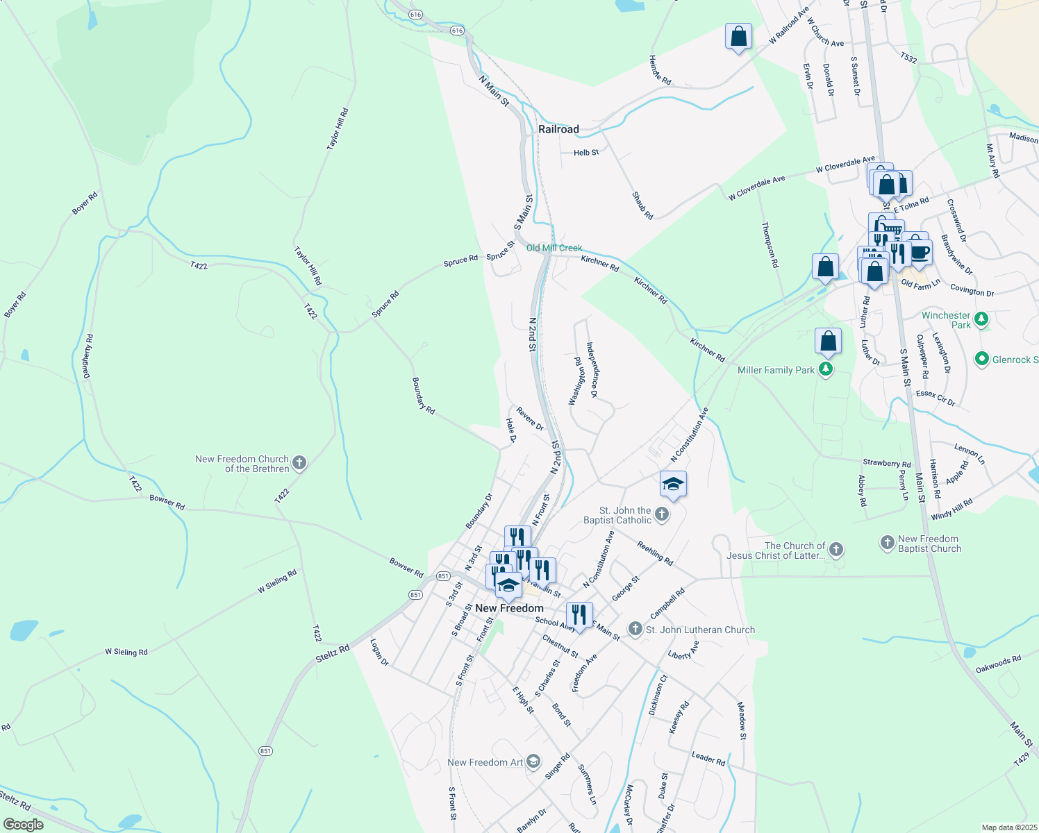 map of restaurants, bars, coffee shops, grocery stores, and more near 15566 Revere Drive in New Freedom