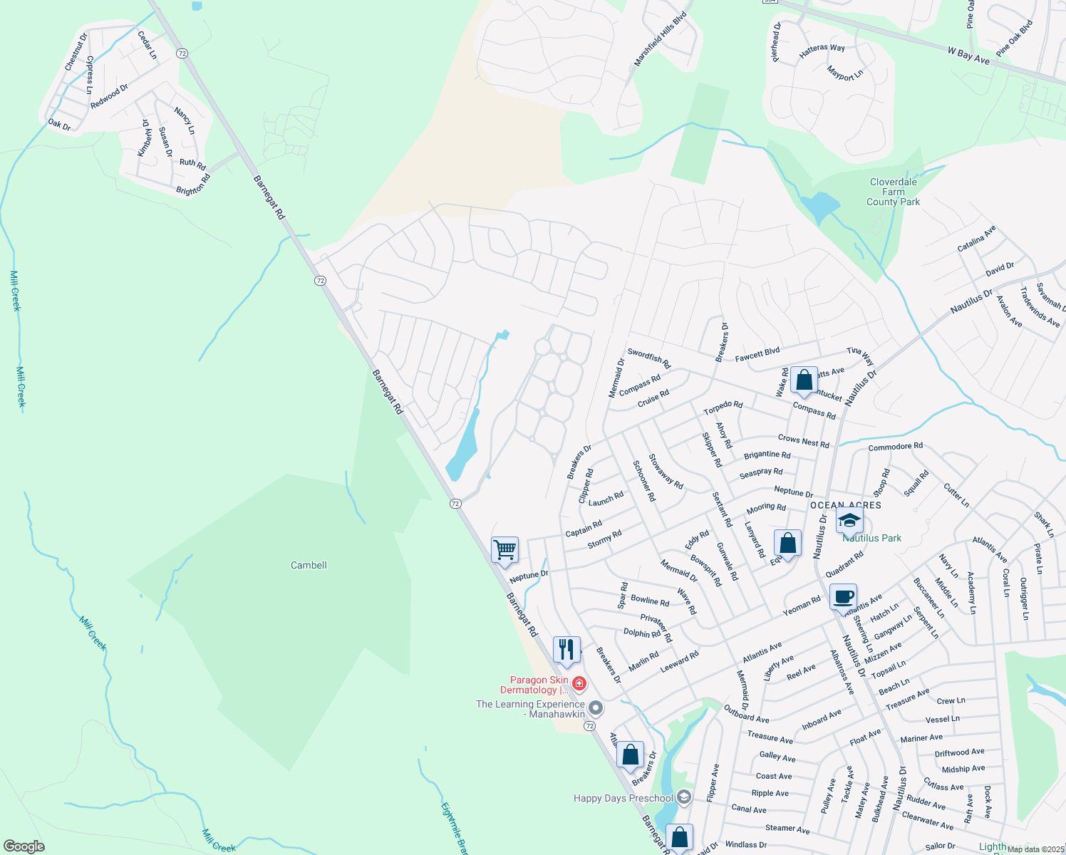 map of restaurants, bars, coffee shops, grocery stores, and more near 53 Deerfield Drive in Stafford Township