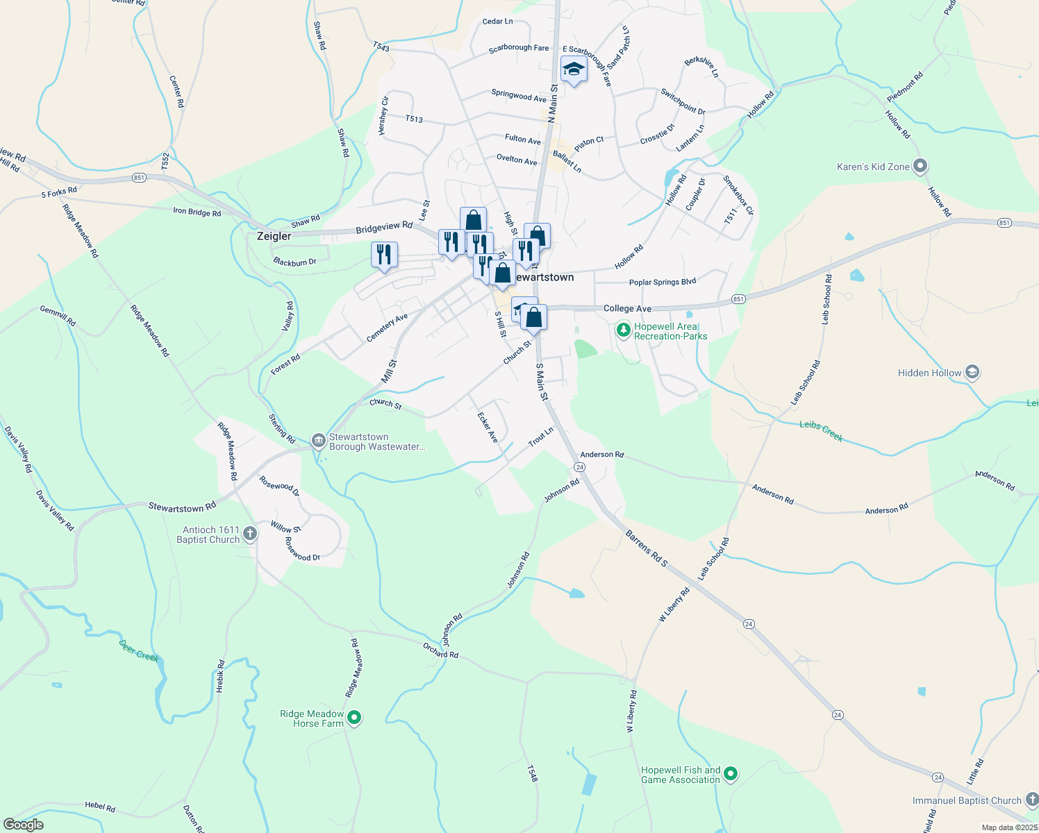 map of restaurants, bars, coffee shops, grocery stores, and more near 9 Katie Court in Stewartstown