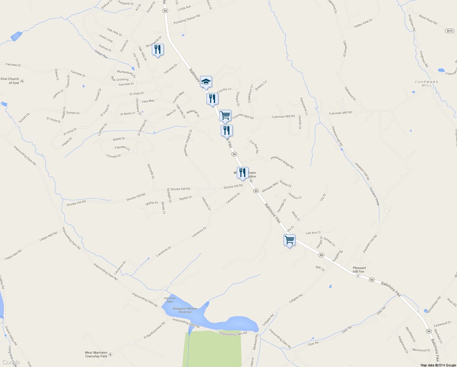 map of restaurants, bars, coffee shops, grocery stores, and more near 95 Shorbs Hill Road in Hanover